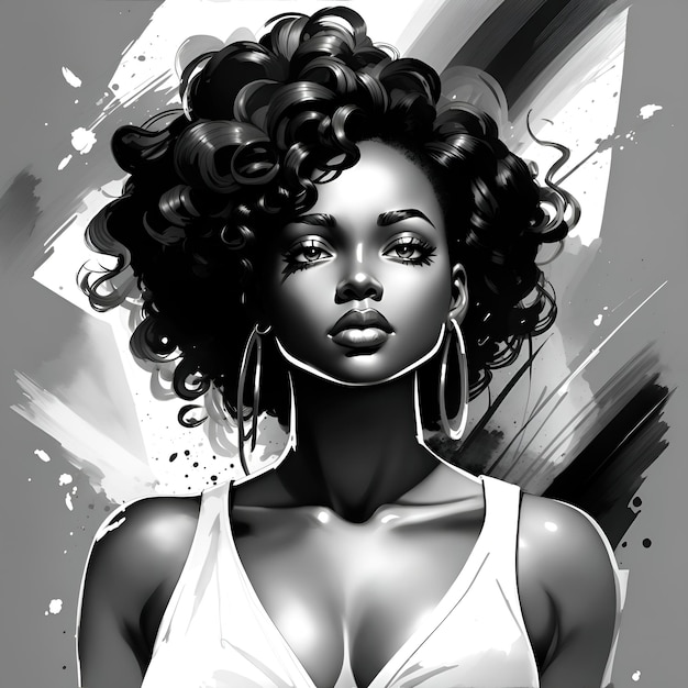 painting Ink sketch of a beautiful black woman black and white digital illustration