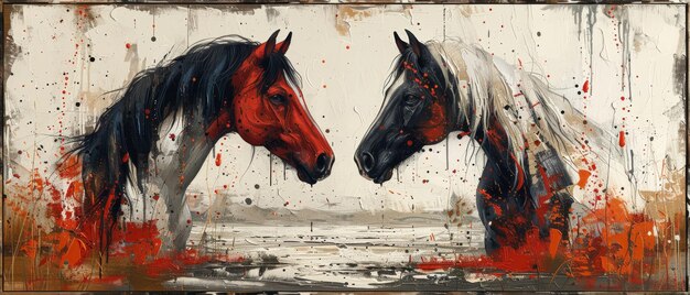 Photo the painting is contemporary abstract with metal elements textured background animals horses and so on