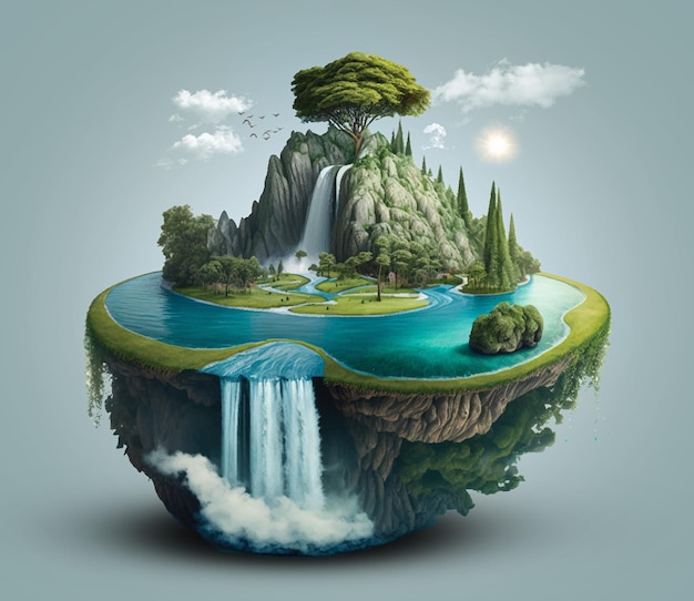 A painting of a island with a waterfall and a waterfall.