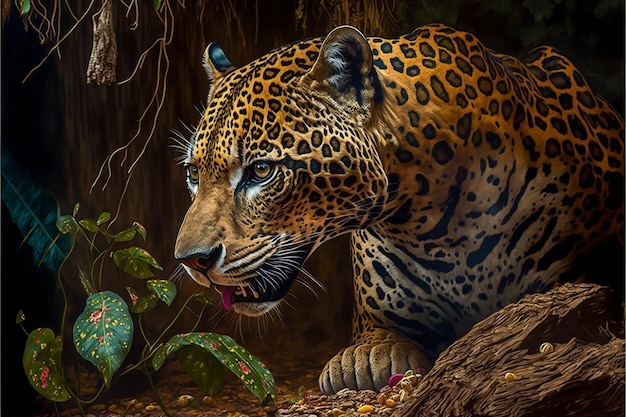 A painting of a jaguar in the jungle