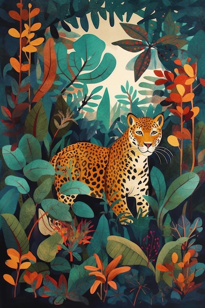 A painting of a jaguar in the jungle