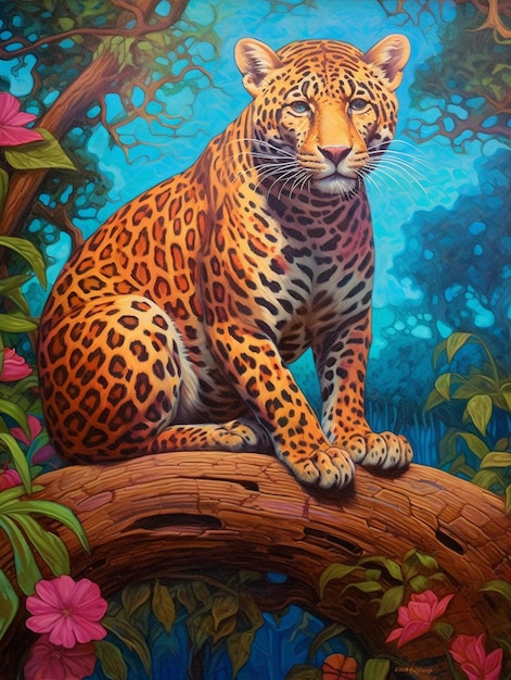 A painting of a jaguar sitting on a tree branch