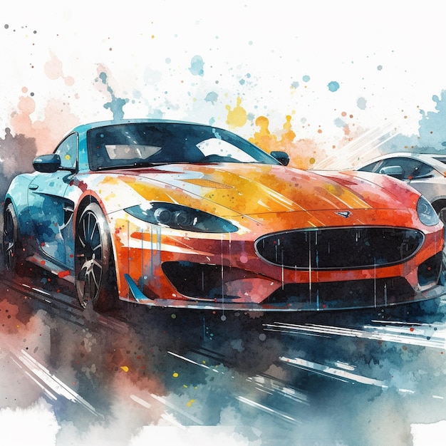 A painting of a jaguar sports car in a race track.