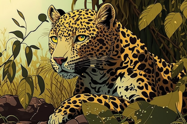 A painting of a jaguar with green eyes sits in the jungle.