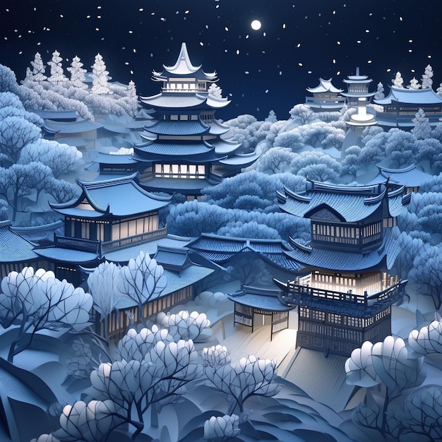 A painting of a japanese city with a snowy landscape.