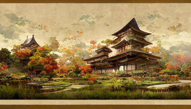 A painting of a japanese garden with a japanese style building in the background.