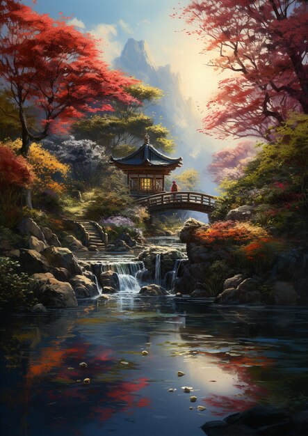 painting of a japanese garden with a waterfall and a pagoda generative ai