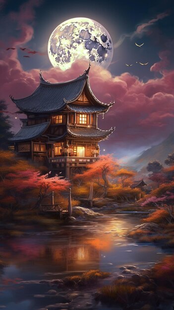 A painting of a japanese house in the moonlight.