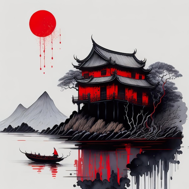 A painting of a japanese house with a red sun and a boat in the water.