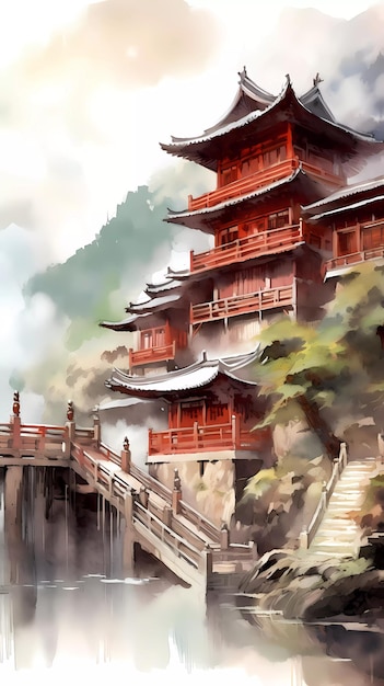 A painting of a japanese house