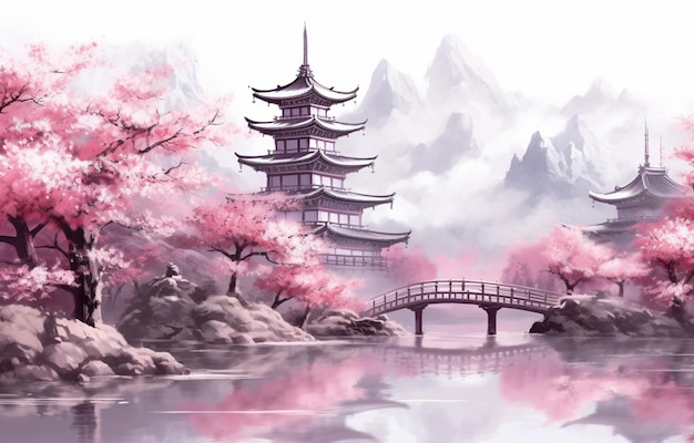 Painting of a japanese landscape with a bridge and cherry trees generative ai