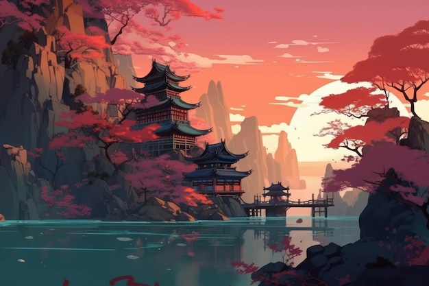 Картина японского пейзажа с мостом и горой на заднем плане.