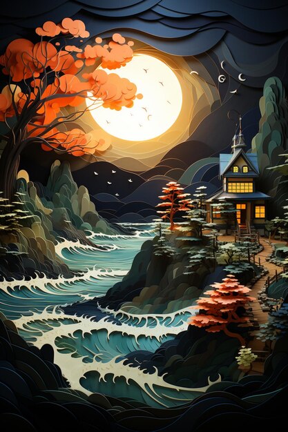 Painting of a japanese landscape with a house and a river generative ai