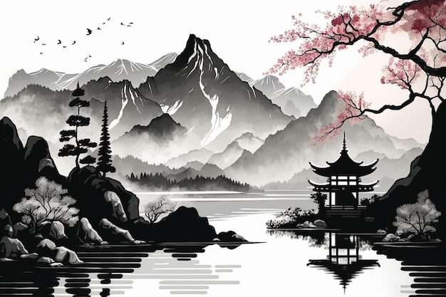 A painting of a japanese landscape with a japanese landscape and mountains in the background.