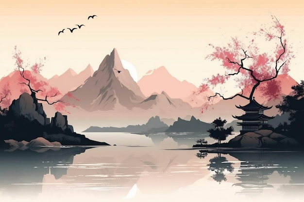 A painting of a japanese landscape with a mountain and a pagoda.