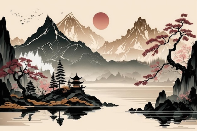 A painting of a japanese landscape with mountains and a japanese temple on the water.