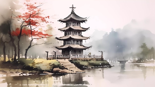 A painting of a japanese pagoda in a lake