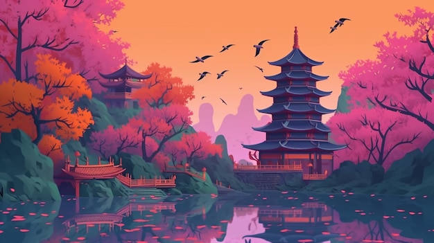A painting of a japanese pagoda in a landscape with a pond and birds.