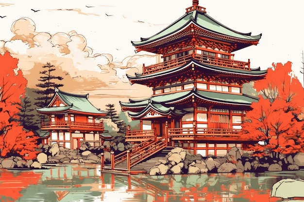 A painting of a japanese pagoda in a pond.