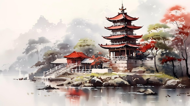 A painting of a japanese pagoda in a pond
