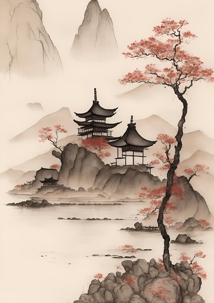 A painting of a japanese style house with a mountain in the background.