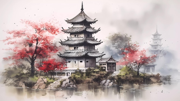 A painting of a japanese temple by the water