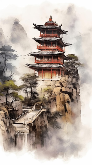 A painting of a japanese temple on a cliff