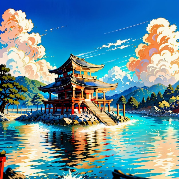 青い空と雲のある湖の上の日本の寺院の絵。