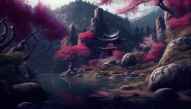 A painting of a japanese temple in the mountains