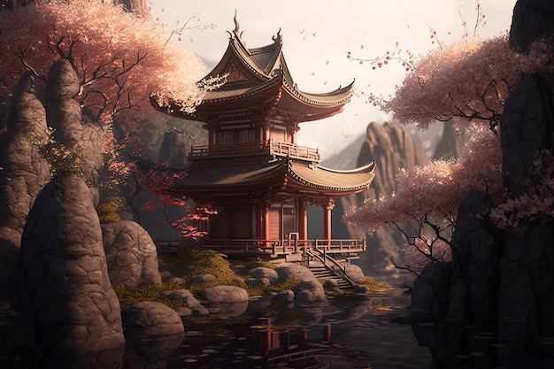 A painting of a japanese temple in the mountains