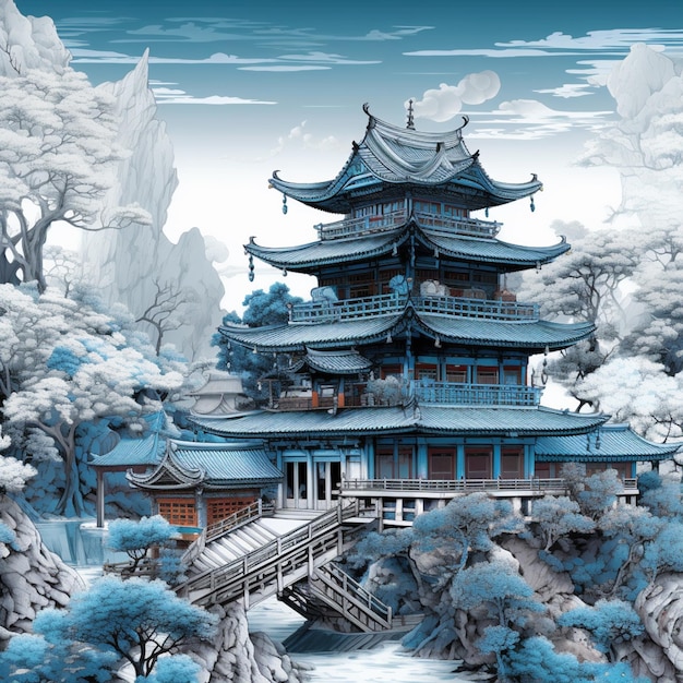 A painting of a japanese temple with a blue sky and trees in the background.