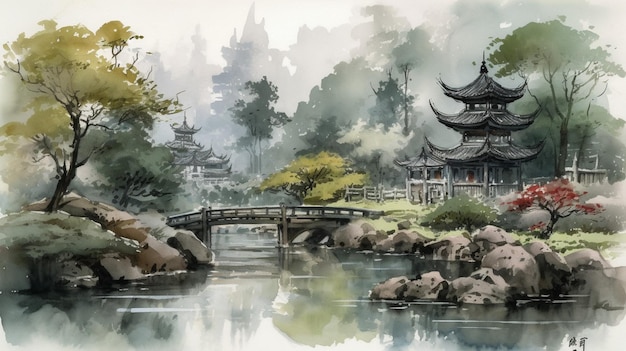 A painting of a japanese temple with a bridge in the background.