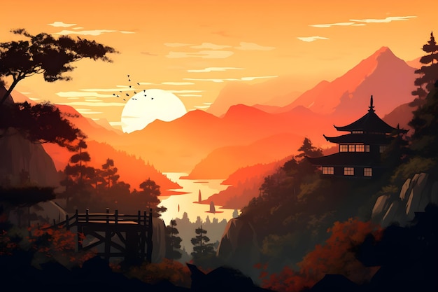 Photo a painting of a japanese temple with a sunset in the background