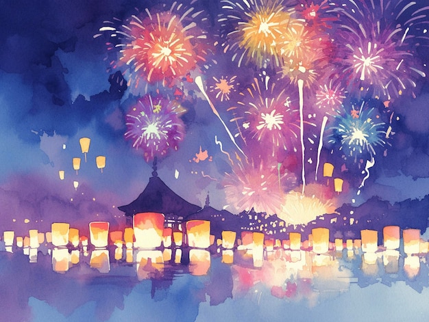 Photo a painting of japanese traditional buildings with fireworks in the background