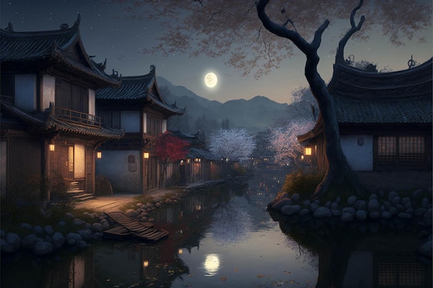 Painting of a japanese village at night generative ai