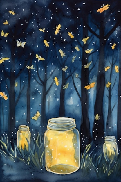 Painting of a jar of fireflies in a forest with a firefly flying around generative ai