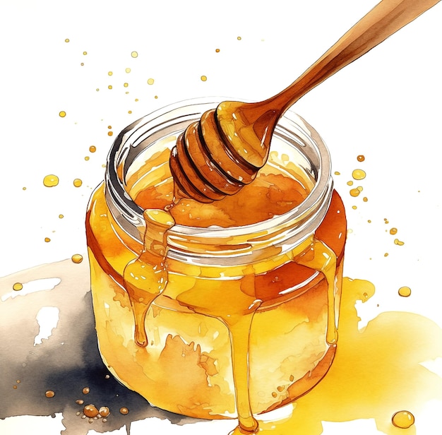 Photo a painting of a jar of honey with a wooden spoon in it.