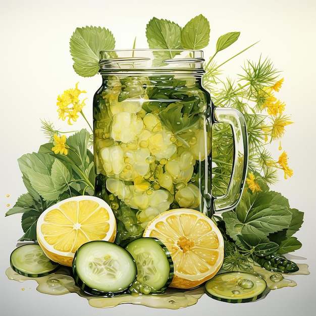 A painting of a jar of pickles and lemons generative ai image