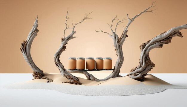 A painting of jars and a tree with no leaves