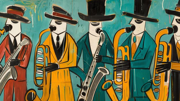 Foto un dipinto di una band jazz il dipinto è in uno stile astratto colorato