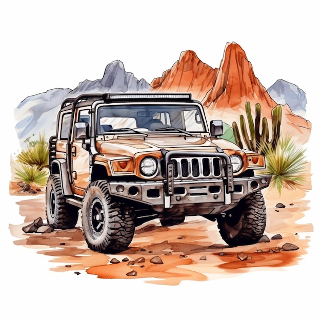 Foto dipinto di una jeep nel deserto con le montagne sullo sfondo generativo ai
