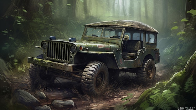 A painting of a jeep in the forest