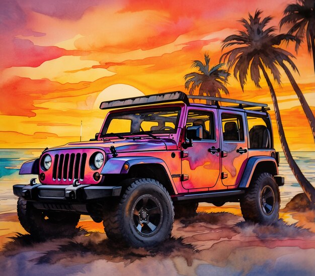 Painting of a jeep parked on a beach with palm trees generative ai