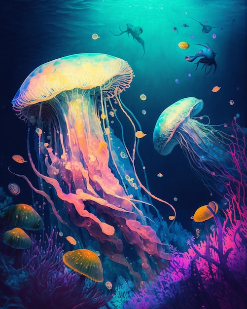 A painting of a jellyfish and a fish swimming in the ocean.