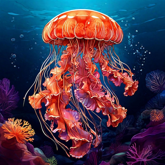 a painting of a jellyfish with a large orange jellyfish in the background