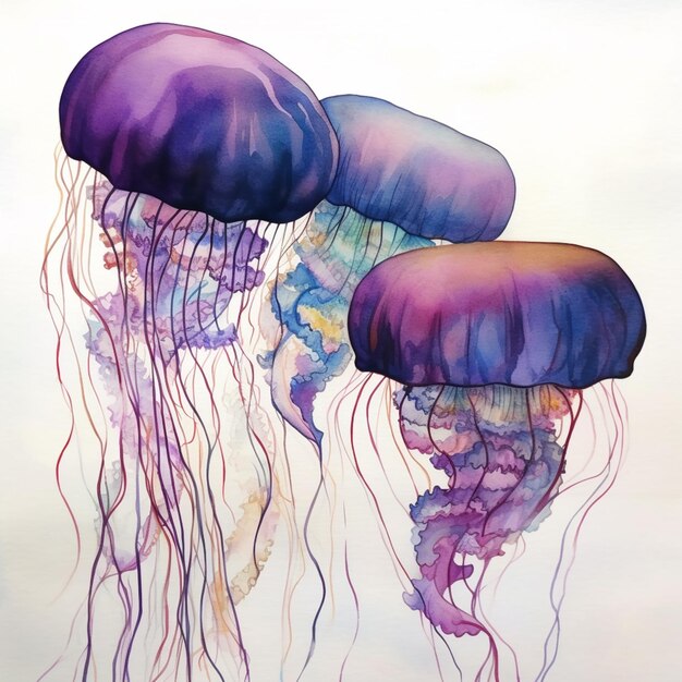 A painting of jellyfish with purple and blue colors