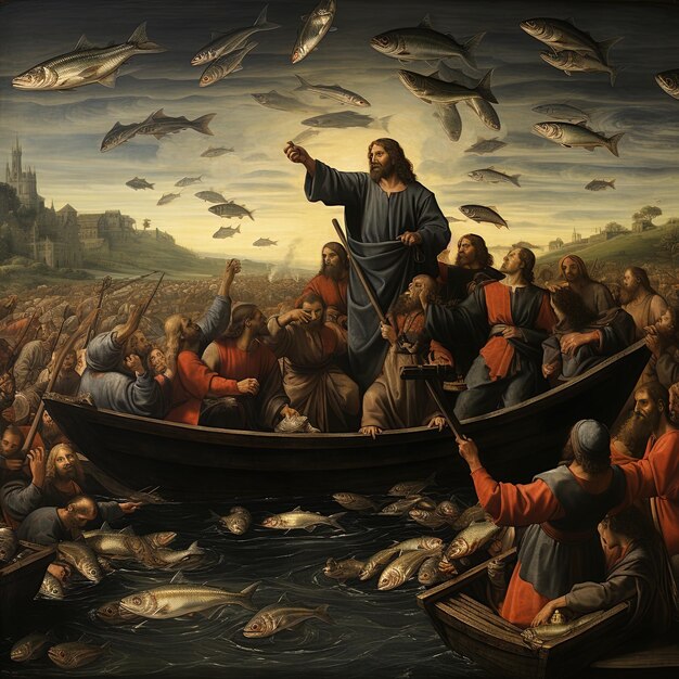 a painting of jesus in a boat with a fish in the background