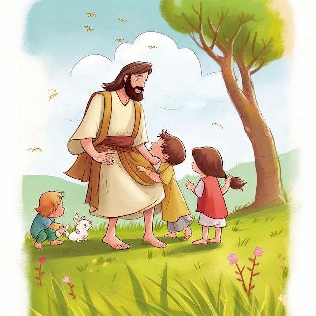 Photo a painting of jesus and children with a child.