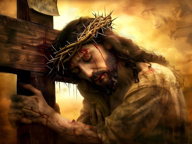 Painting of Jesus Christ carrying cross of suffering symbolizing death sacrifice and resurrection
