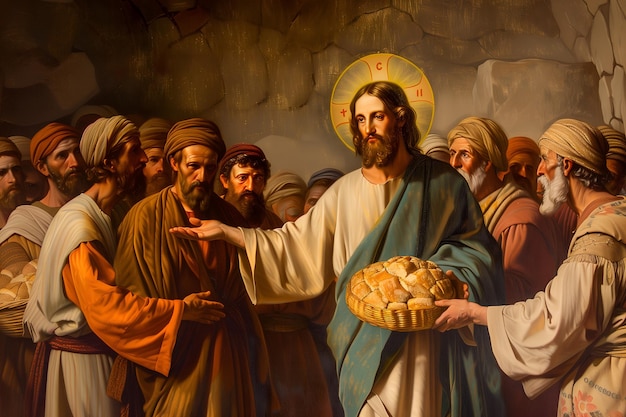 Painting of Jesus Christ feeding crowd of five thousand people with loaves